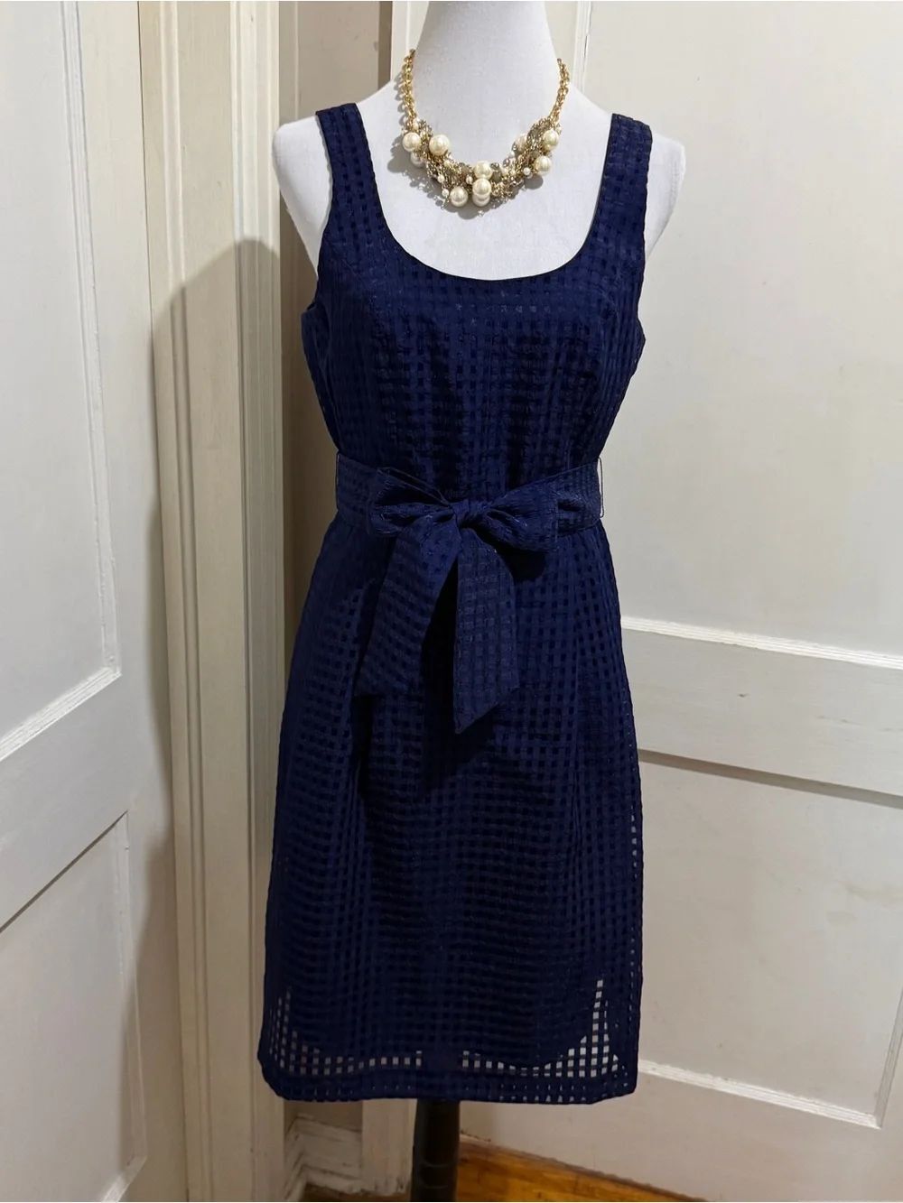 Anne Klein Navy Textured Sleeveless Midi Dress with Self Tie